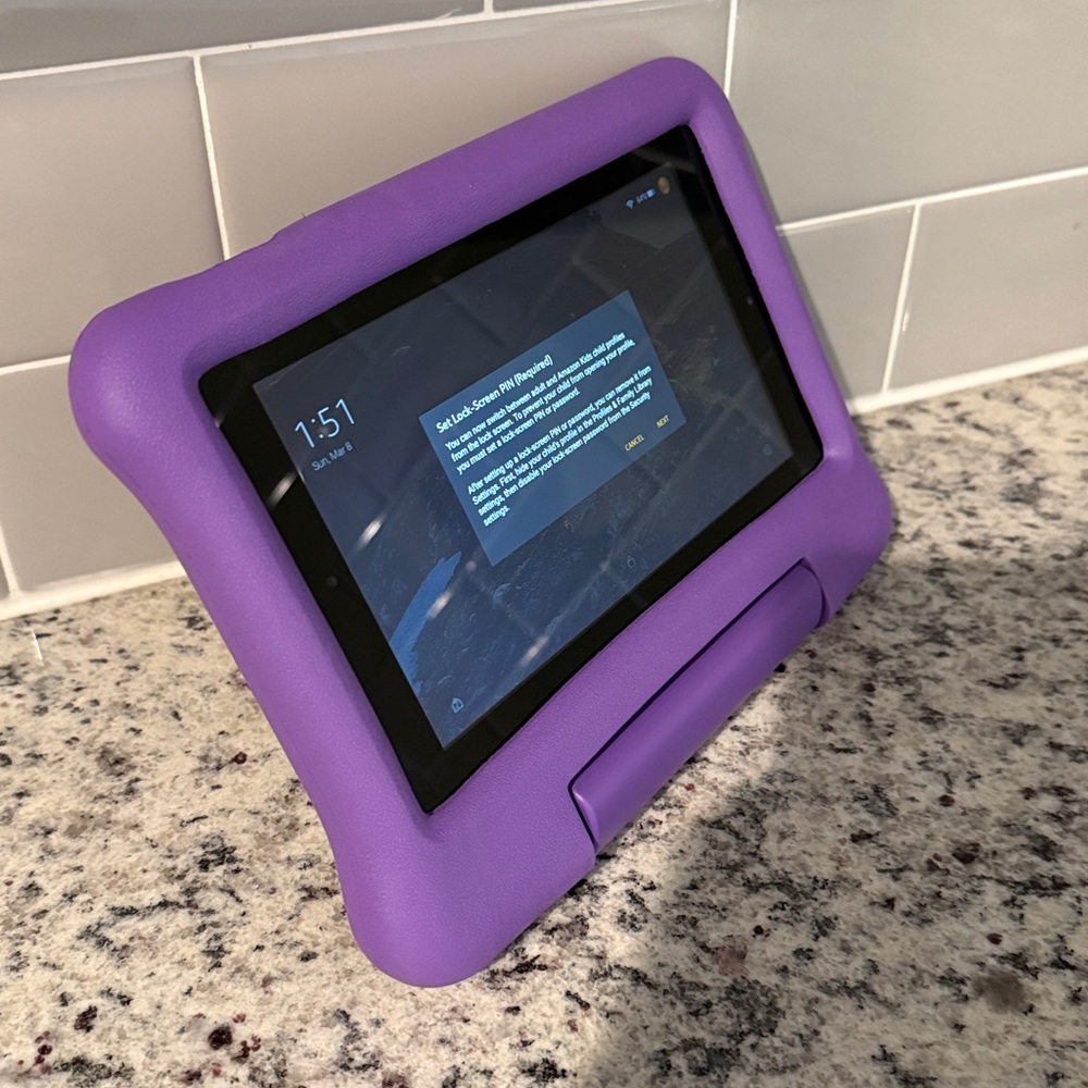 Amazon fire kids tablet with standing case purple